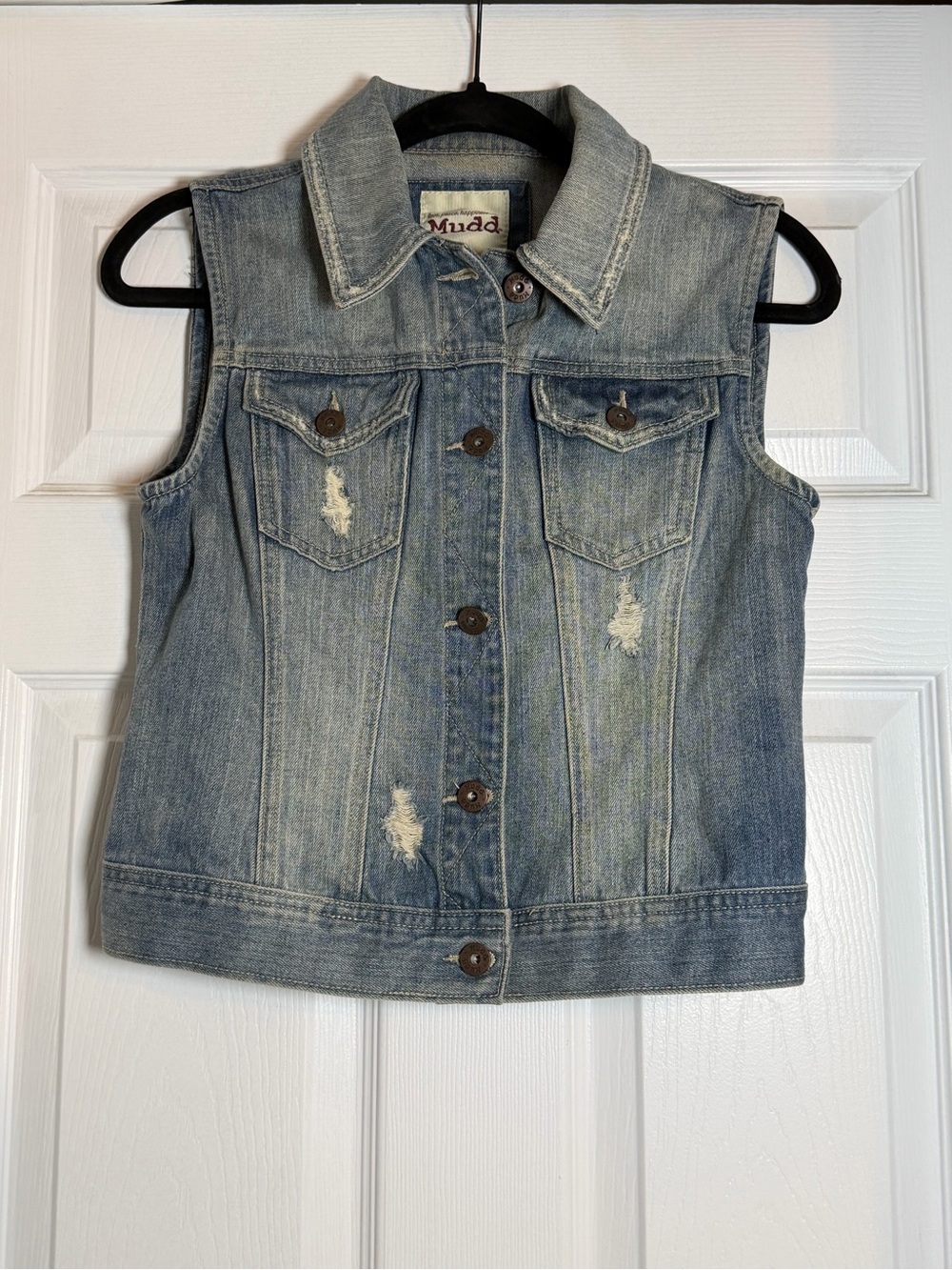 Mudd Distressed Denim Vest Size Small Light Wash Button Front